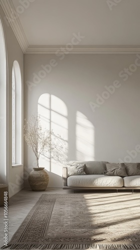 A living room with a couch and a vase with a plant in it. The room is very clean and has a lot of natural light coming in through the windows