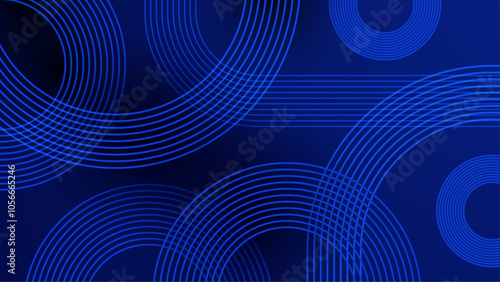 Abstract Blue Geometric Lines on Dark Background Design. Abstract background dynamic blue geometric lines forming circular and square patterns. Perfect for technology, innovation, and digital project