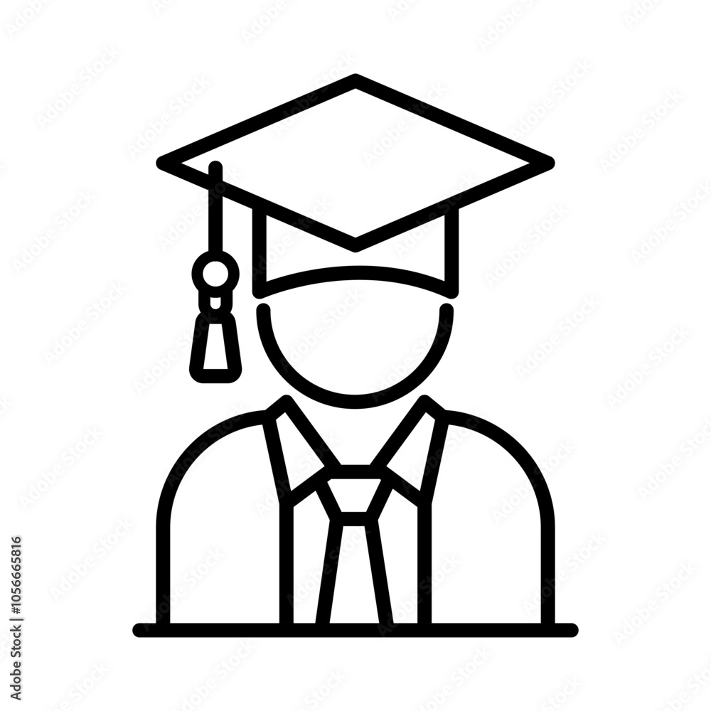 Graduation hat cap line icons set with ribbon, certificate, neck tie, Ceremony Uniform graduation gown. Academic cap flat logo. Graduation student black cap. Vector Illustration. Graduation hat cap line icons set with ribbon, certificate, neck tie, Ceremony Uniform graduation gown. Academic cap flat logo. Graduation student black cap. Vector Illustration.