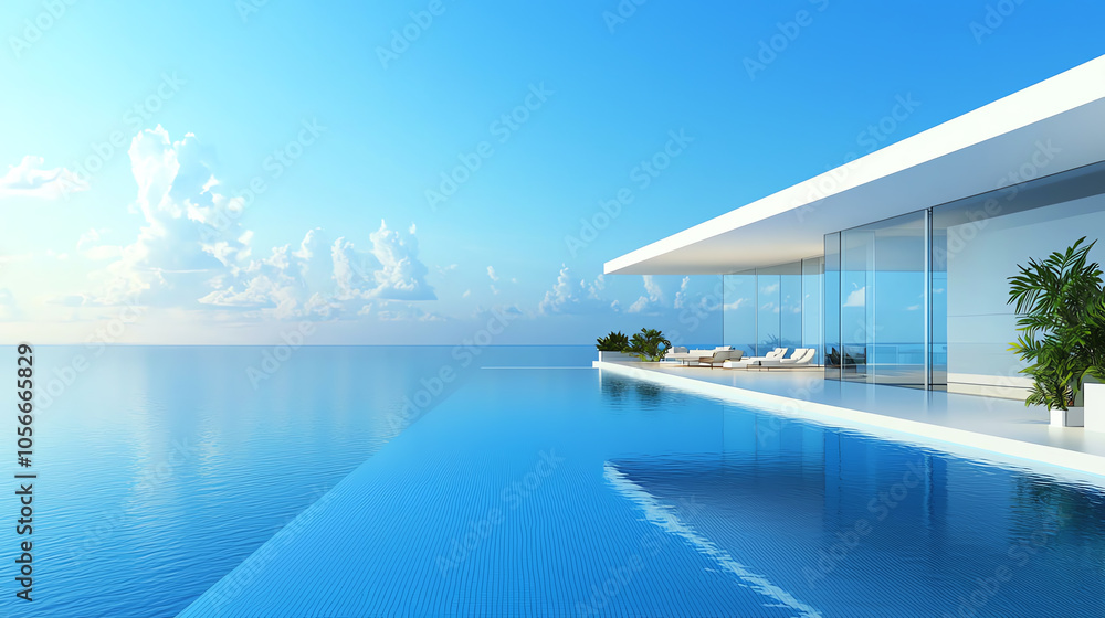 Fototapeta premium Futuristic island house with a private pool, clean lines and panoramic windows, set amidst calm blue water Cinematic perspective highlighting the elegance of isolated luxury living