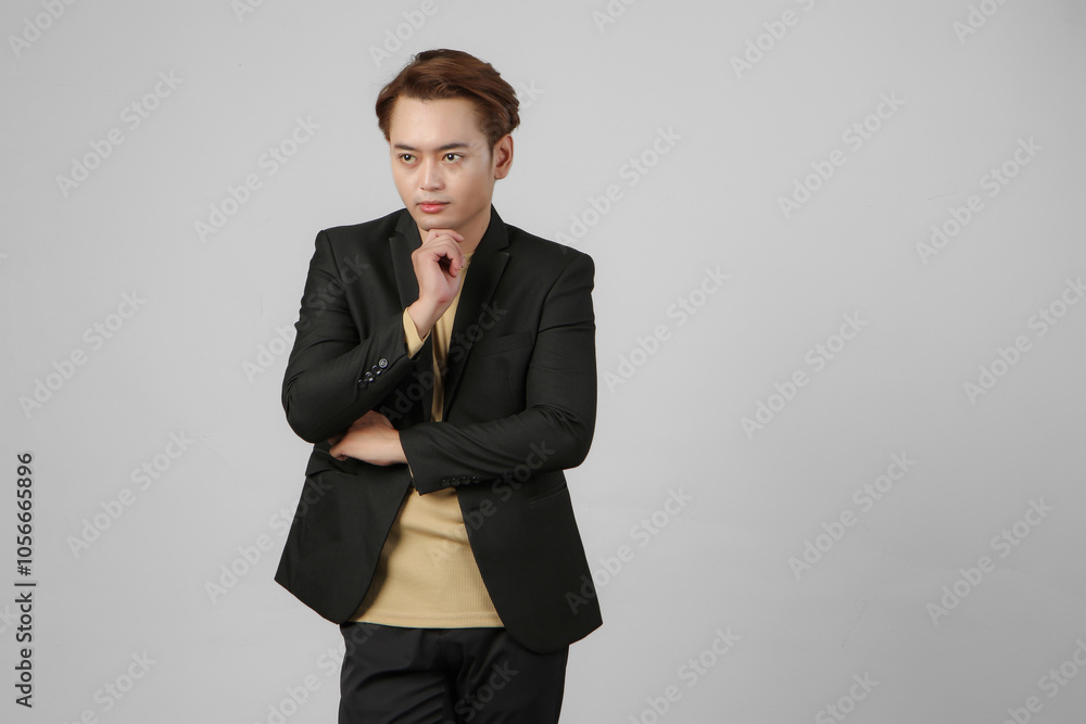 portrait of pensive asian businessman wearing suit with thinking gesture on isolated background portrait of pensive asian businessman wearing suit with thinking gesture on isolated background