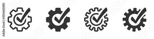 Checkmark with a gear vector icon. Checkmark with cogwheel icon. Gear and checkmark symbols