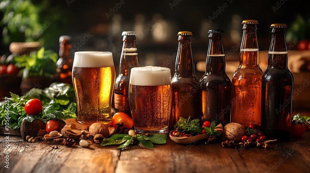 Golden beer and frosty glasses arranged for unique images Golden beer and frosty glasses arranged for unique images