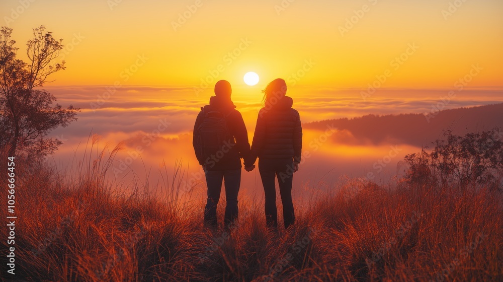 As the golden sun rises over the mountaintop, a couple stands close together, silhouetted against the breathtaking sky. Their strong posture reflects love and support through life's journey. As the golden sun rises over the mountaintop, a couple stands close together, silhouetted against the breathtaking sky. Their strong posture reflects love and support through life's journey.