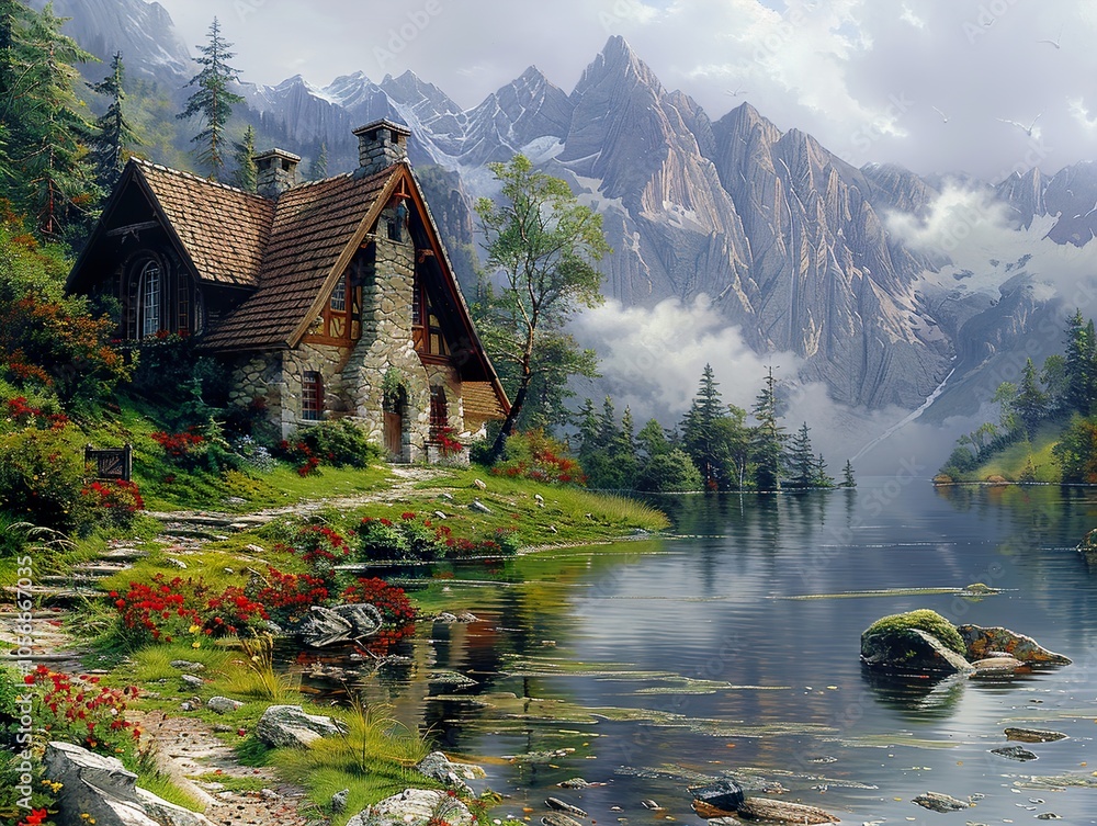 Fototapeta premium Mountain Lake Cottage: A Serene Escape in Nature