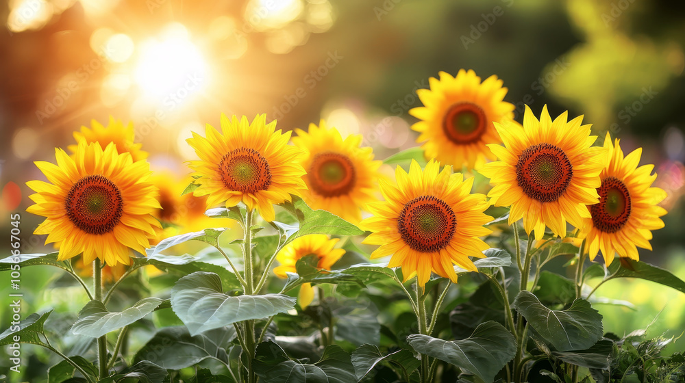 Naklejka premium Bright sunflowers in vibrant garden basking in sunlight, showcasing their cheerful yellow petals and green leaves, creating warm and inviting atmosphere