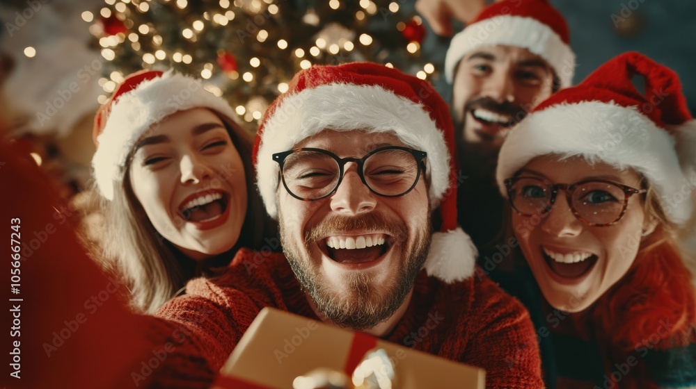 A joyful group of friends in Santa hats celebrate Christmas, smiling and posing with a gift in front of a beautifully decorated tree. A joyful group of friends in Santa hats celebrate Christmas, smiling and posing with a gift in front of a beautifully decorated tree.