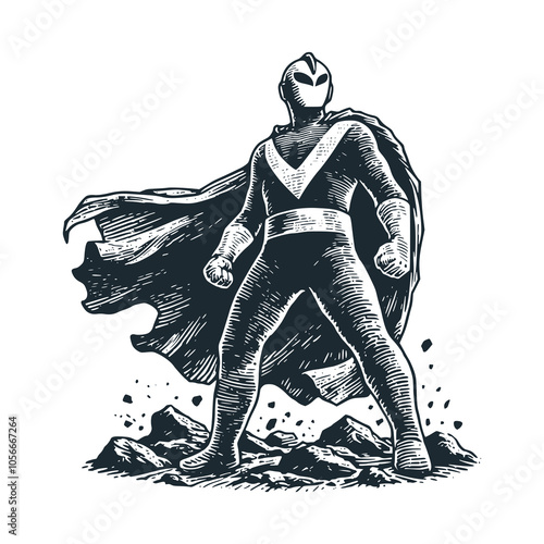 superhero standing. Black white vector illustration.