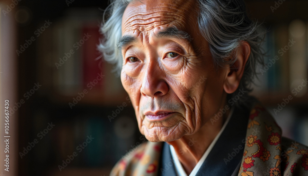 Elderly Japanese man contemplating in a cozy library filled with books on a quiet afternoon Elderly Japanese man contemplating in a cozy library filled with books on a quiet afternoon