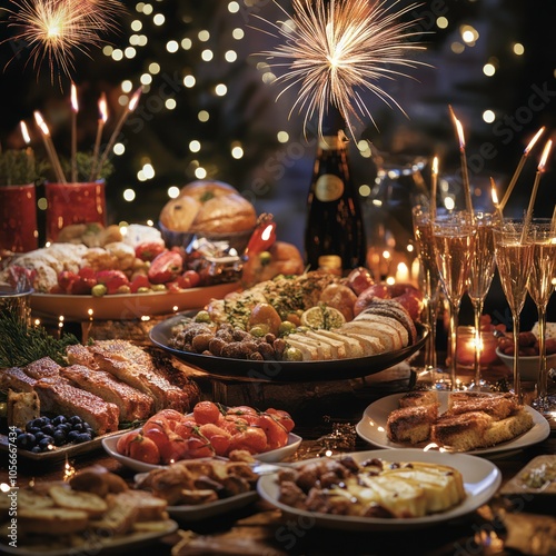 New Year Eve celebration with food and fireworks