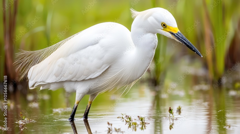 Naklejka premium Majestic Snowy Egret in Tranquil Marsh with Sunlight and Reflections