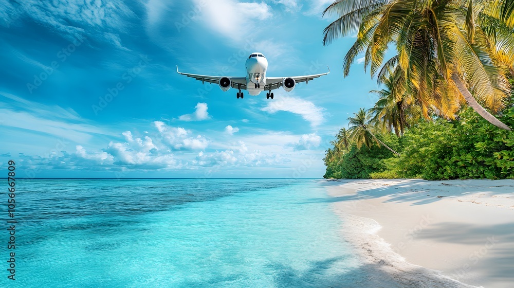 Naklejka premium airplane and tropical palm on a paradise island. 