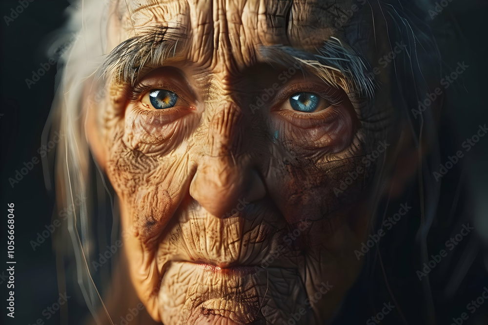 A close-up portrait of an elderly woman with deep wrinkles and expressive blue eyes. A close-up portrait of an elderly woman with deep wrinkles and expressive blue eyes.