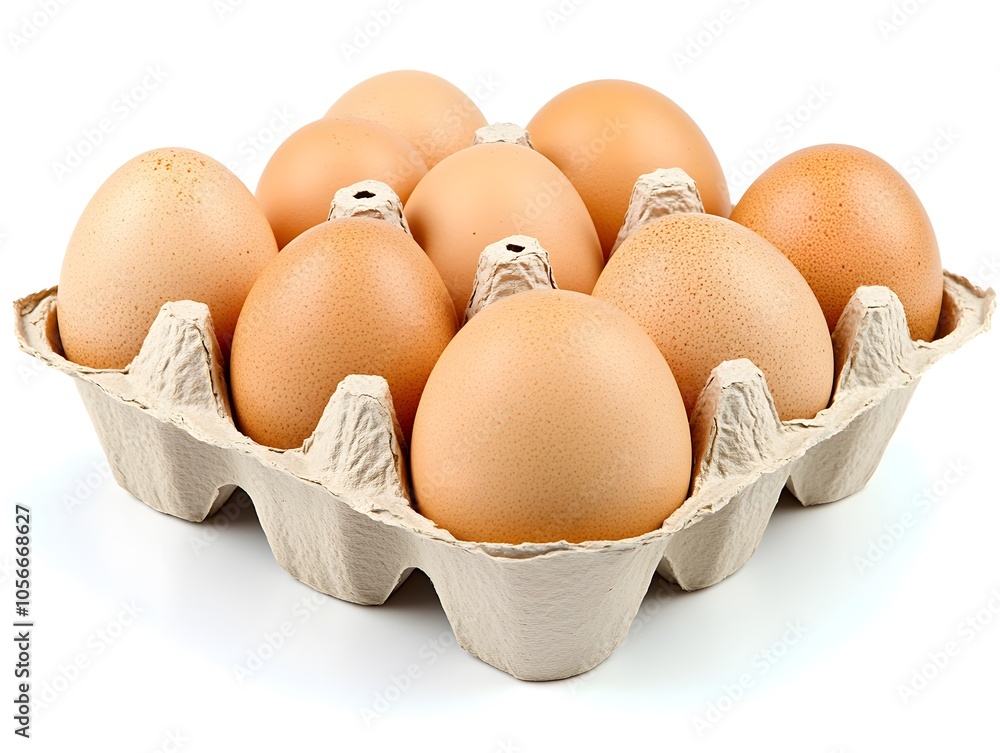A carton holding eight brown eggs, arranged neatly, showcasing their smooth, glossy texture and light brown color. A carton holding eight brown eggs, arranged neatly, showcasing their smooth, glossy texture and light brown color.
