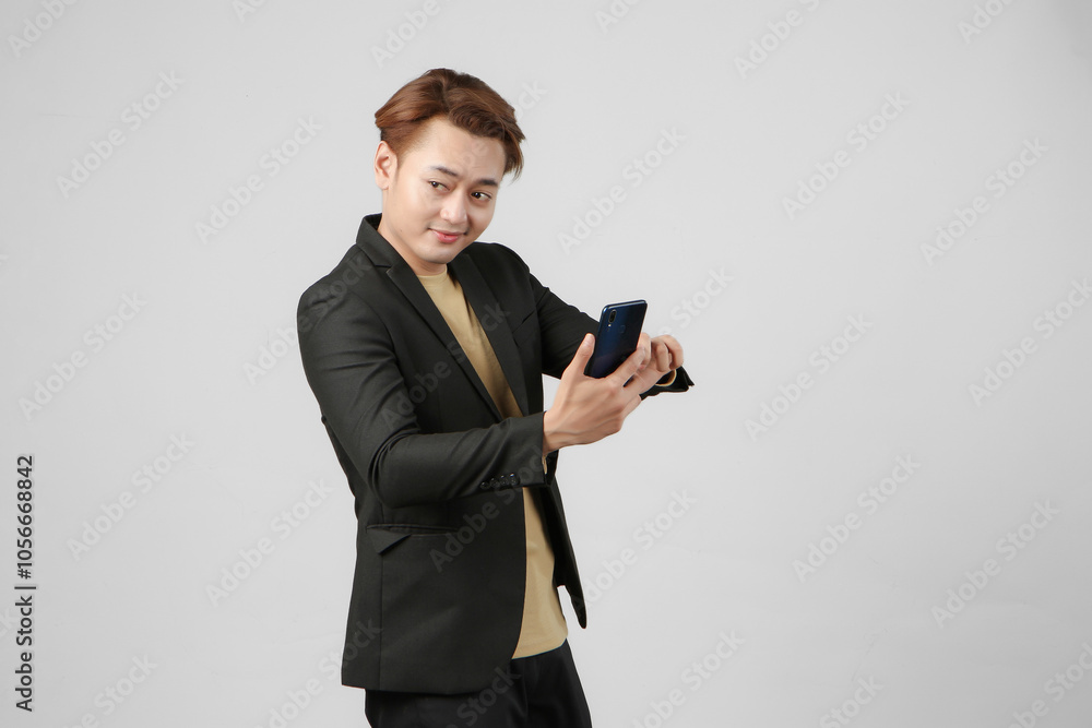 portrait of happy asian businessman wearing suit holding mobile phone on isolated background portrait of happy asian businessman wearing suit holding mobile phone on isolated background