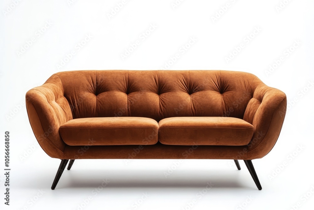 Fototapeta premium Brown Velvet Sofa with Buttoned Backrest and Wooden Legs
