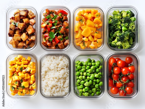 A vibrant assortment of healthy meal prep containers filled with grains, vegetables, and protein, promoting a balanced diet.