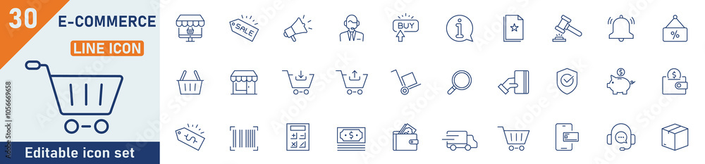 E-Commerce line icon set. Set of 30 outline icons related to e-commerce, mobile shop, digital marketing, business, sale, delivery and others. Editable stroke. Vector illustration. E-Commerce line icon set. Set of 30 outline icons related to e-commerce, mobile shop, digital marketing, business, sale, delivery and others. Editable stroke. Vector illustration.