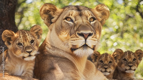 Majestic Lioness and Cubs Resting in the Shade - A Warm Family Portrait in the Wild