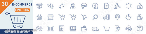 E-Commerce line icon set. Set of 30 outline icons related to e-commerce, mobile shop, digital marketing, business, sale, delivery and others. Editable stroke. Vector illustration.