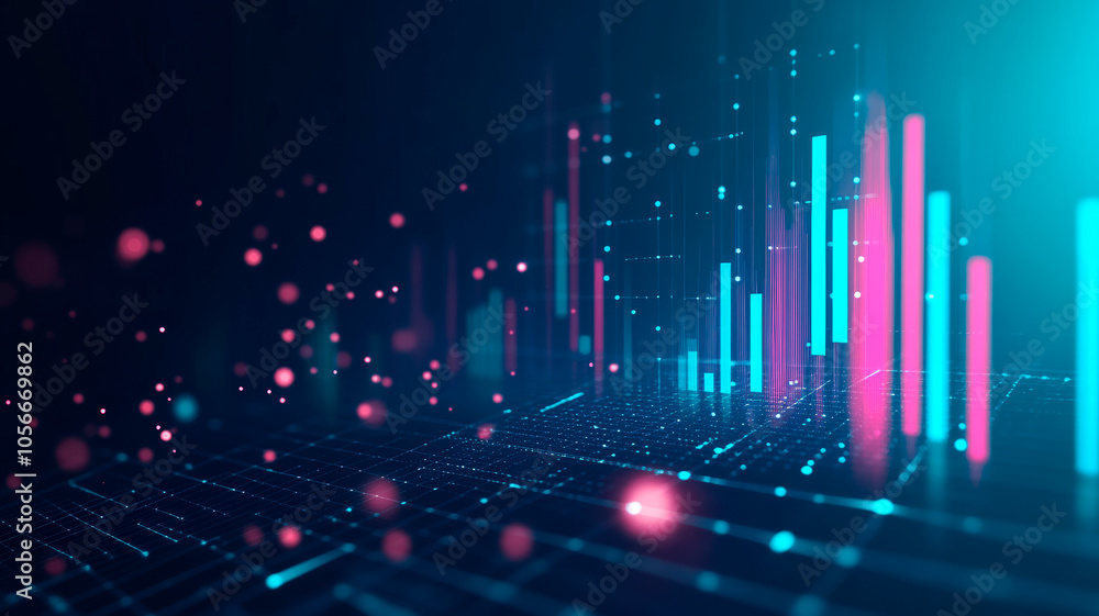 Digital Data Visualization with Neon Blue and Pink Bars, Highlighting Modern Technology, Financial Analysis, and Innovation in a Futuristic Style Digital Data Visualization with Neon Blue and Pink Bars, Highlighting Modern Technology, Financial Analysis, and Innovation in a Futuristic Style