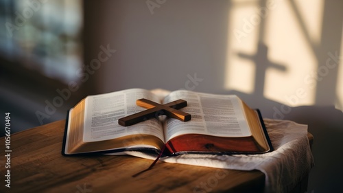 Open Bible  morning on a wood table with nature backgound.
