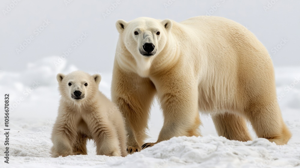 Fototapeta premium Majestic Polar Bear Mother and Cub in Snowy Landscape - Wildlife Conservation and Beauty of Nature Concept