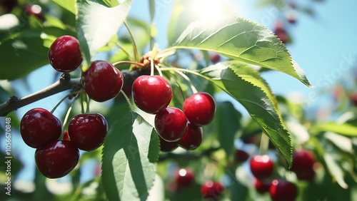 Red cherries on the tree in the farm with blue sky with background. natural light.