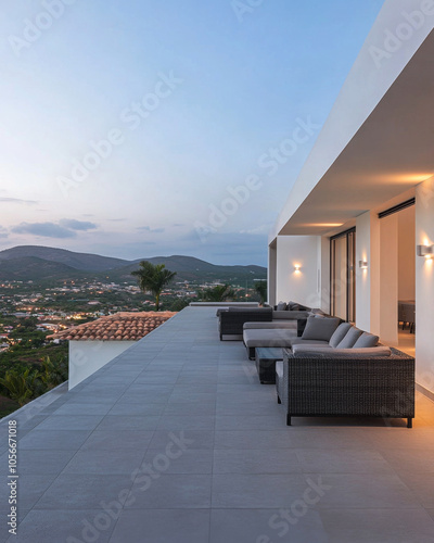 Stylish outdoor terrace with modern seating overlooking mountains at dusk in a tranquil setting photo