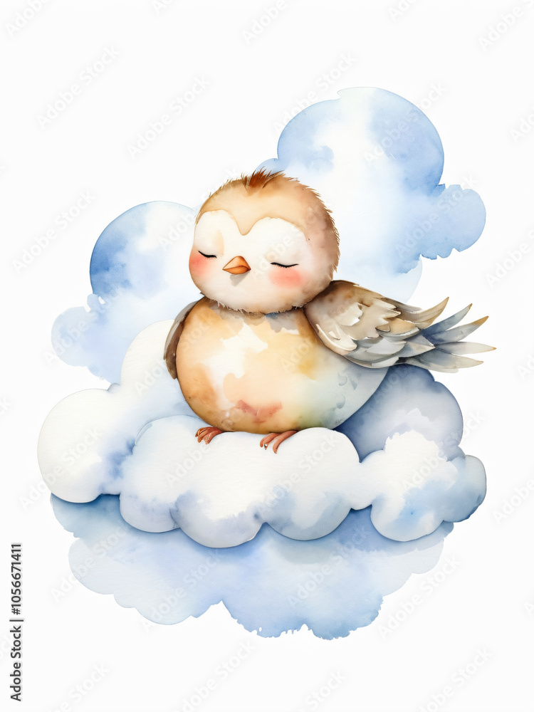 Obraz premium A bird sleeps peacefully on fluffy clouds in a watercolor dream.