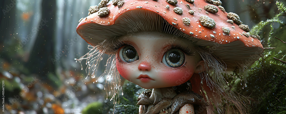 A cute, large-eyed mushroom character set in an enchanted forest, surrounded by vibrant moss and greenery A cute, large-eyed mushroom character set in an enchanted forest, surrounded by vibrant moss and greenery