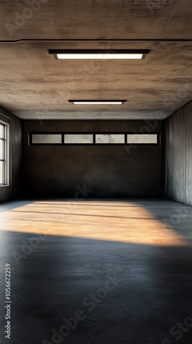 Spacious, empty industrial room featuring concrete walls, large windows, and natural light creating a serene atmosphere.
