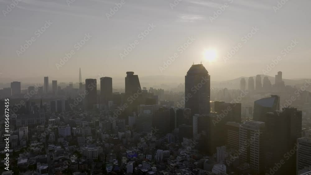 Drone View of Seoul city in South Korea, Sunrise of Gangnam financial district, Autumn 60fps Drone View of Seoul city in South Korea, Sunrise of Gangnam financial district, Autumn 60fps