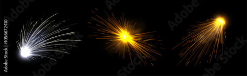 Realistic welding sparks, metal sparkles from the welding machine, glowing particles in motion, firework effect. Vector illustration.