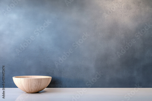 Simple wooden bowl on a minimalist table against a textured grey wall in a quiet room