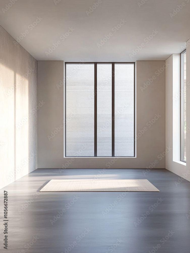 Spacious empty room with large windows and natural light in a modern architectural structure Spacious empty room with large windows and natural light in a modern architectural structure