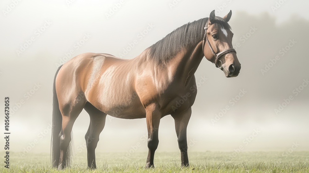 Obraz premium Majestic Horse in Serene Foggy Meadow with Soft Illumination - Capturing Peacefulness and Beauty in Nature