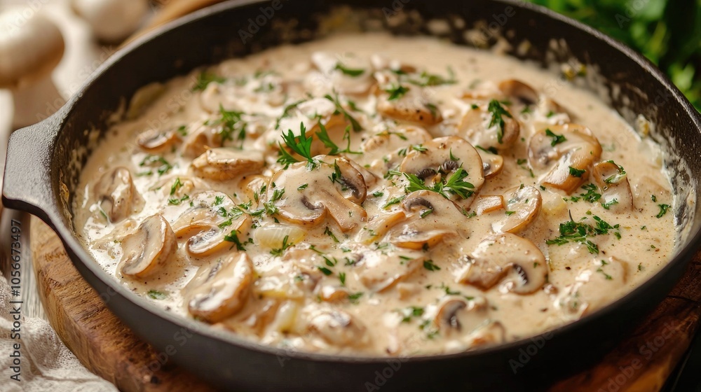 Oyster Mushrooms Stewed In A Creamy Sauce With Onion Cheese And Herbs Ingredients And Finished Dish Oyster Mushrooms Stewed In A Creamy Sauce With Onion Cheese And Herbs Ingredients And Finished Dish