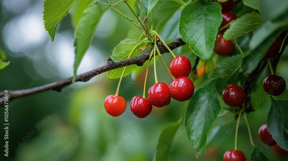 Sweet Cherry Red Berries On A Tree Branch Close Up Sweet Cherry Red Berries On A Tree Branch Close Up
