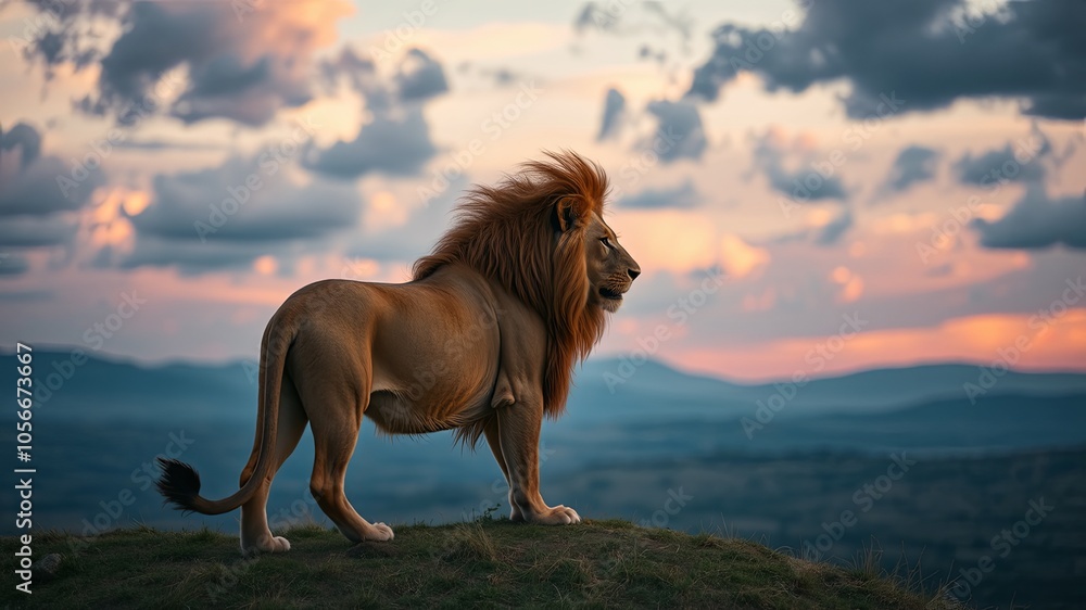 Majestic Lion Against Scenic Sunset Landscape Majestic Lion Against Scenic Sunset Landscape