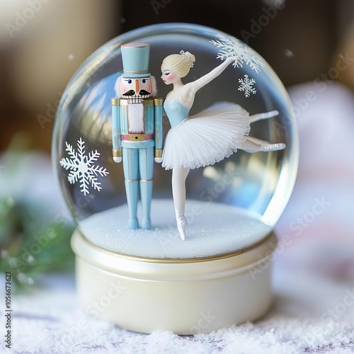 Snow globe with Nutcracker and ballerina, surrounded by snowflakes, pastel colors, magical ballet, soft focus