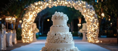 Beautiful Wedding Cake Decorated With White Flowers In Front Of The Wedding Archway At Night photo