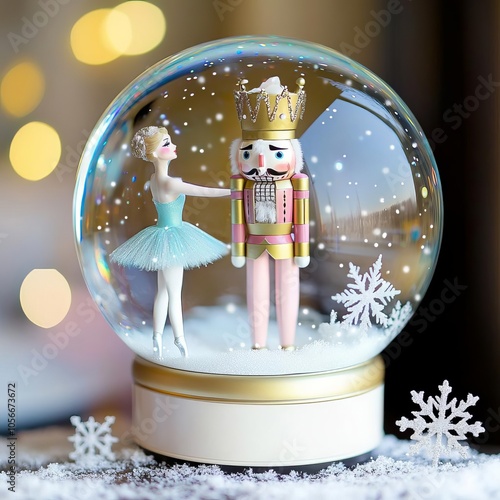 Snow globe with Nutcracker and ballerina, surrounded by snowflakes, pastel colors, magical ballet, soft focus