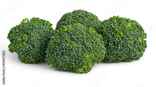Close-up of fresh green broccoli florets arranged on a white background, showcasing healthy vegetables ideal for culinary and nutrition-focused projects