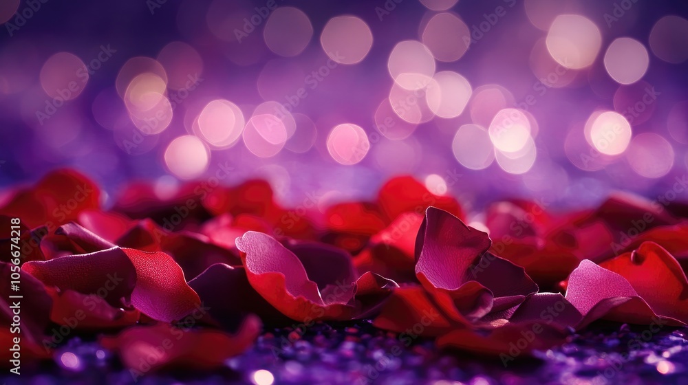Close up of scattered red and purple rose petals against a dreamy purple bokeh backdrop exuding a sense of romance and elegance Close up of scattered red and purple rose petals against a dreamy purple bokeh backdrop exuding a sense of romance and elegance