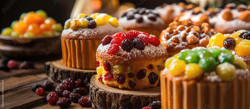 Many Easter Cakes With Candied Fruit On Wooden Rustic Table Raisins And Fruits Selective Focus Black Background On Top Many Easter Cakes With Candied Fruit On Wooden Rustic Table Raisins And Fruits Selective Focus Black Background On Top