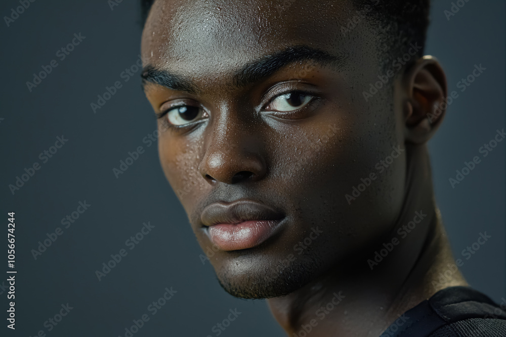 Intense Portrait of a Young Man with Dark Skin. A close-up of a young man with dark skin and short hair, showcasing a contemplative and focused expression against a dark background.
Intense Portrait of a Young Man with Dark Skin. A close-up of a young man with dark skin and short hair, showcasing a contemplative and focused expression against a dark background.