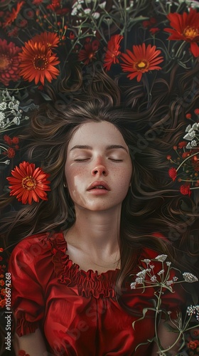 Woman Sleeping in a Field of Red Flowers - Dreamy Portrait