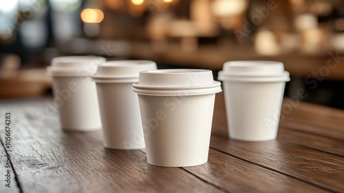 Wallpaper Mural White paper cups with lids placed on a wooden table in a coffee shop setting Torontodigital.ca
