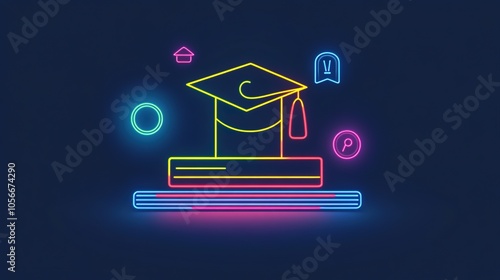 A vibrant education icon designed in a neon style, featuring straight lines and bold colors that convey a sense of energy and modernity. This icon represents educational elements such as books